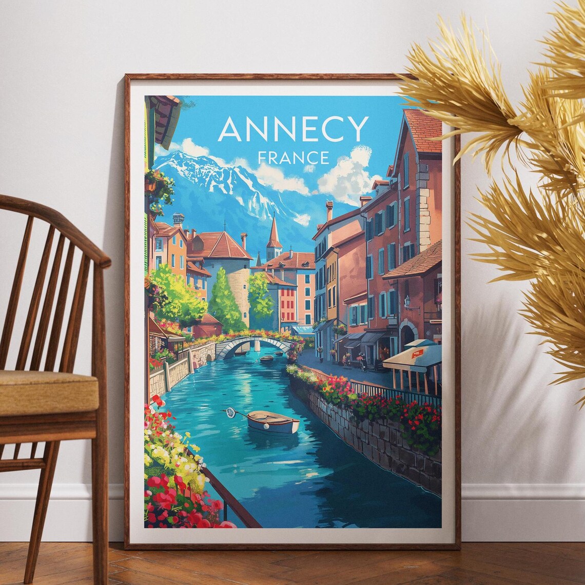 Annecy France Canal Boat Snowy Mountains Flower Travel Poster