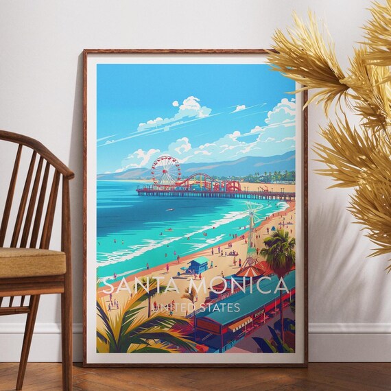 Santa Monica United States Sunny Beach Pier Scene Travel Poster