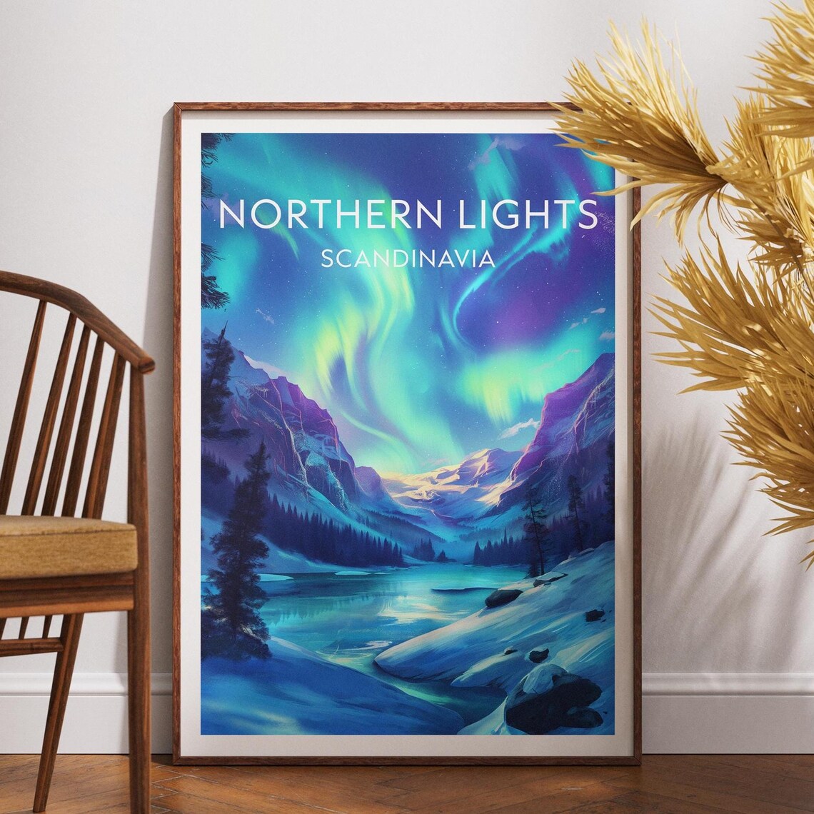 Northern Lights Scandinavia Snowy Valley Top Title Travel Poster