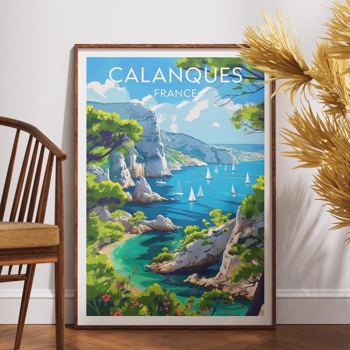 Calanques France Turquoise Cove Sailboats Coastal Travel Poster