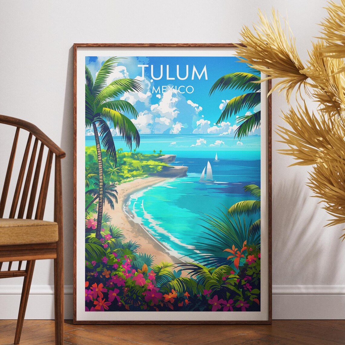 Tulum Mexico Caribbean Beach Palm Trees Tropical Travel Poster