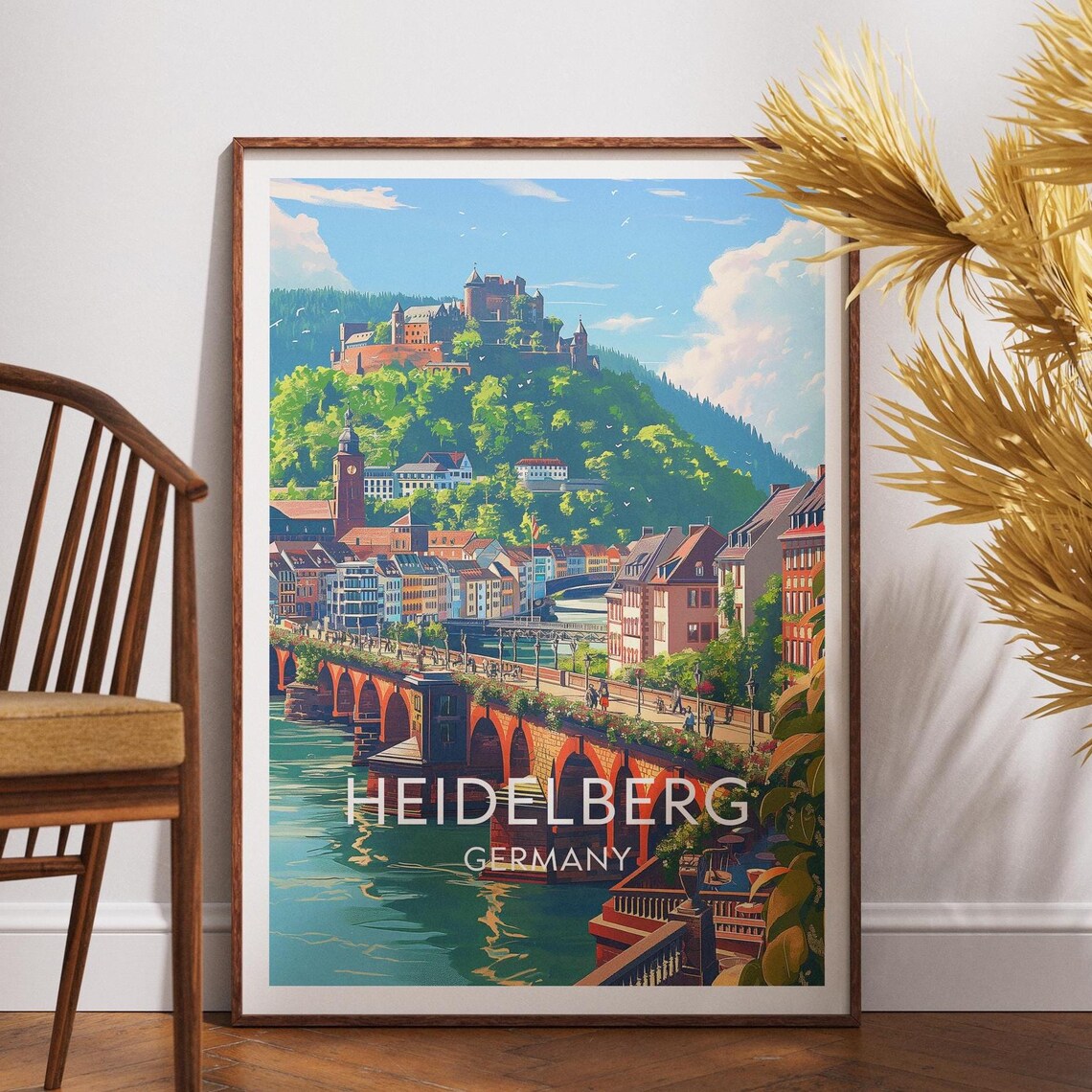 Sunny Heidelberg Germany Castle and Old Bridge Over River Poster