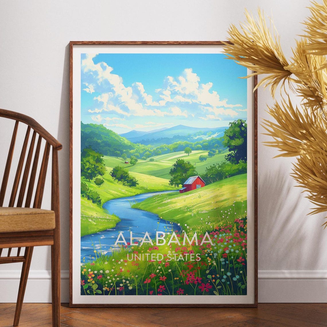 Alabama Rolling Hills River Valley Red Barn Vintage Travel Poster