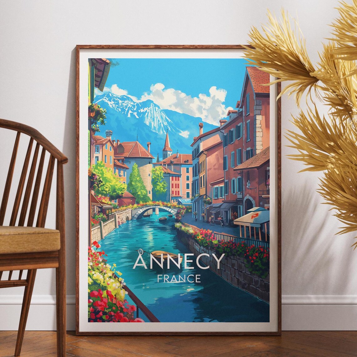 Annecy France Canal Old Town Snowy Peak Vintage Travel Poster