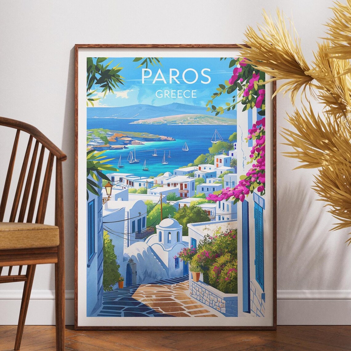 Paros Greece Whitewashed Alley Blue Sea Sailboats Travel Art Poster