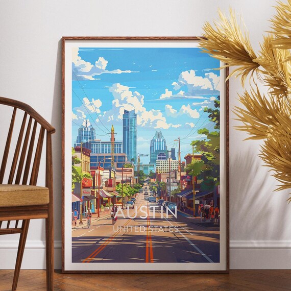 Austin Texas Downtown Street Skyline Retro Travel Poster Art
