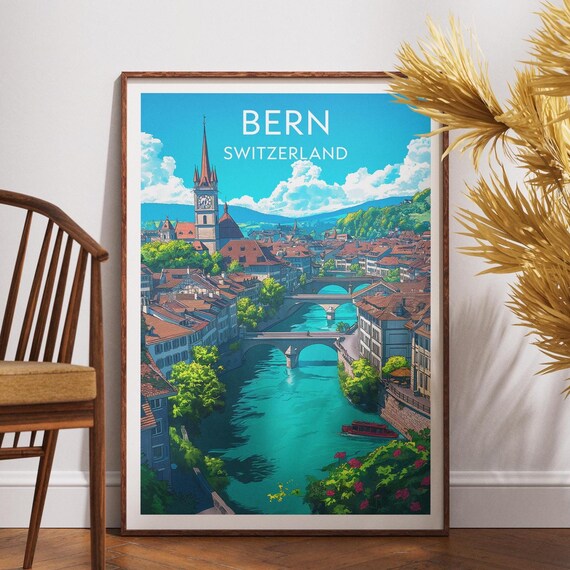 Bern Switzerland Aare River Old Town Clock Tower Travel Poster