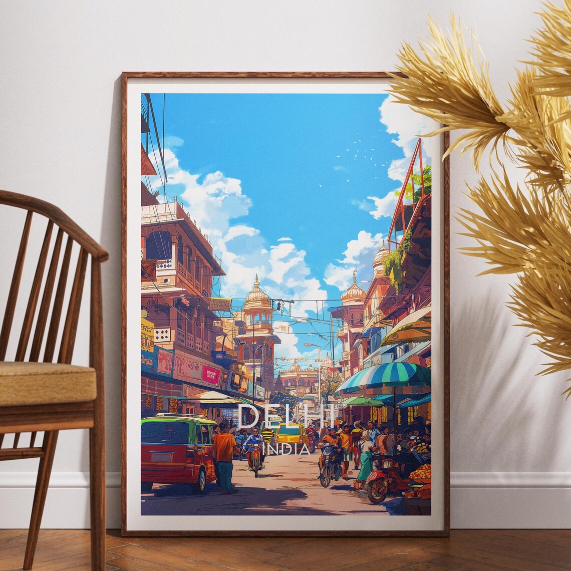 Delhi India Vibrant Street Scene Centered Title Travel Poster