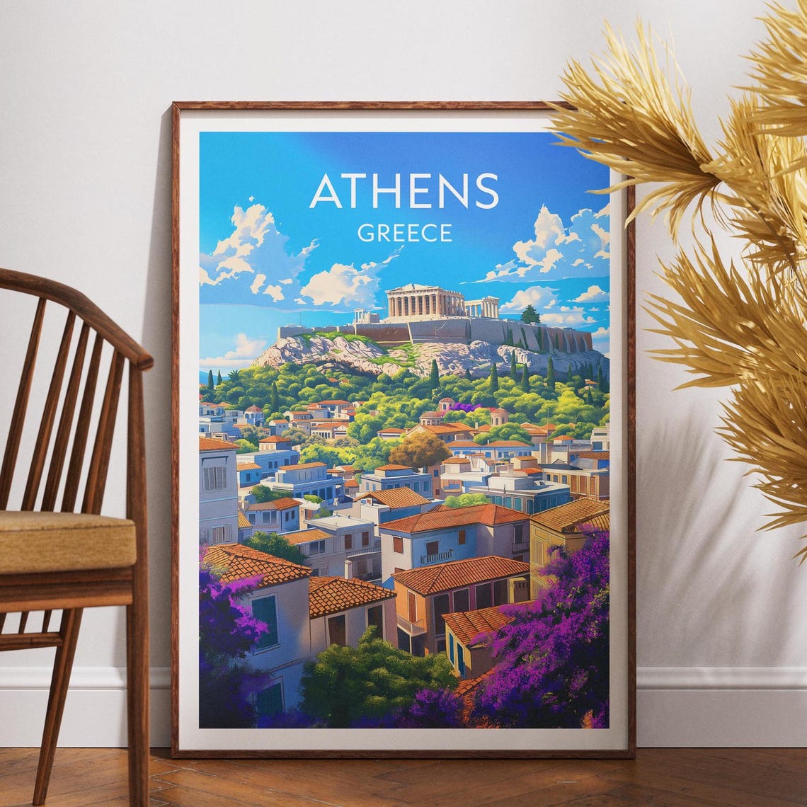 Athens Greece Acropolis Hill White City Bright Blue Sky Travel Poster