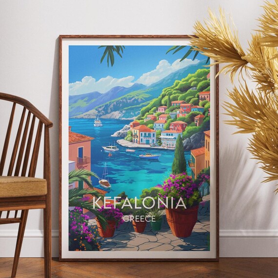 Kefalonia Greece Seaside Village Bay Boats Scenic Travel Poster