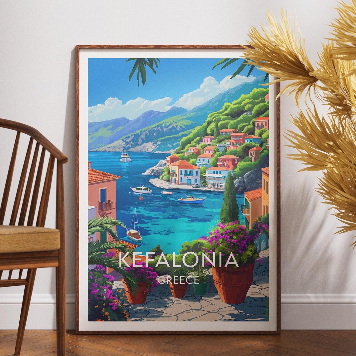 Kefalonia Greece Seaside Village Bay Boats Scenic Travel Poster