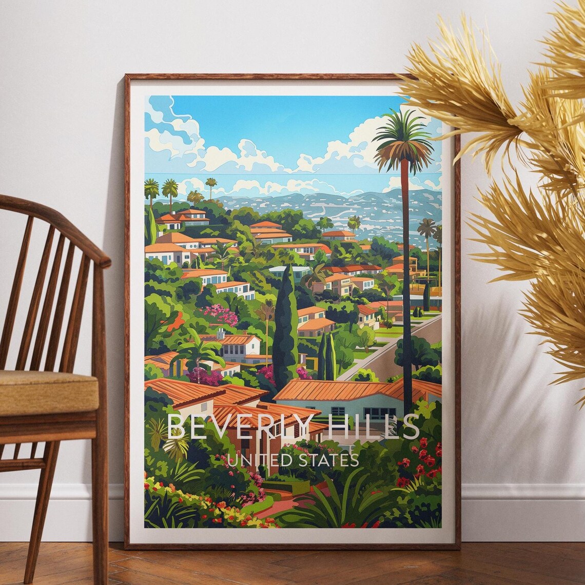 Beverly Hills California Palm Tree Hills Cityscape Travel Poster
