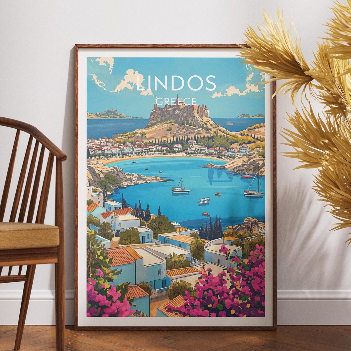 Lindos Greece Acropolis Bay Sailboats Vintage Style Travel Poster
