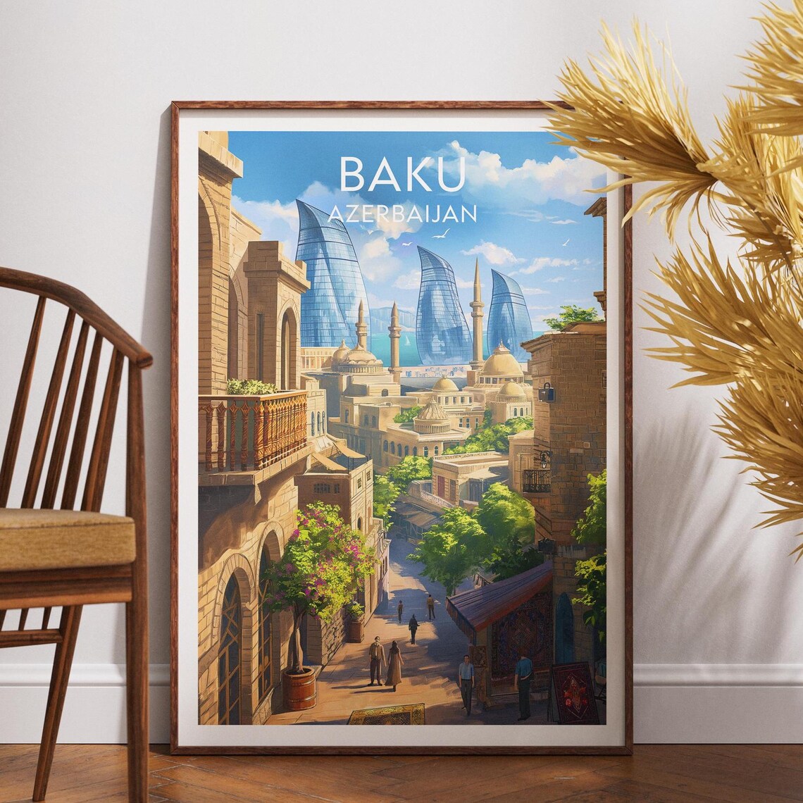 Baku Azerbaijan Old Town Flame Towers Mosque Vintage Travel Poster