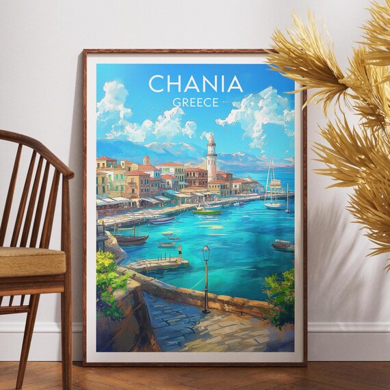 Chania Greece Venetian Harbor Lighthouse Vintage Travel Poster