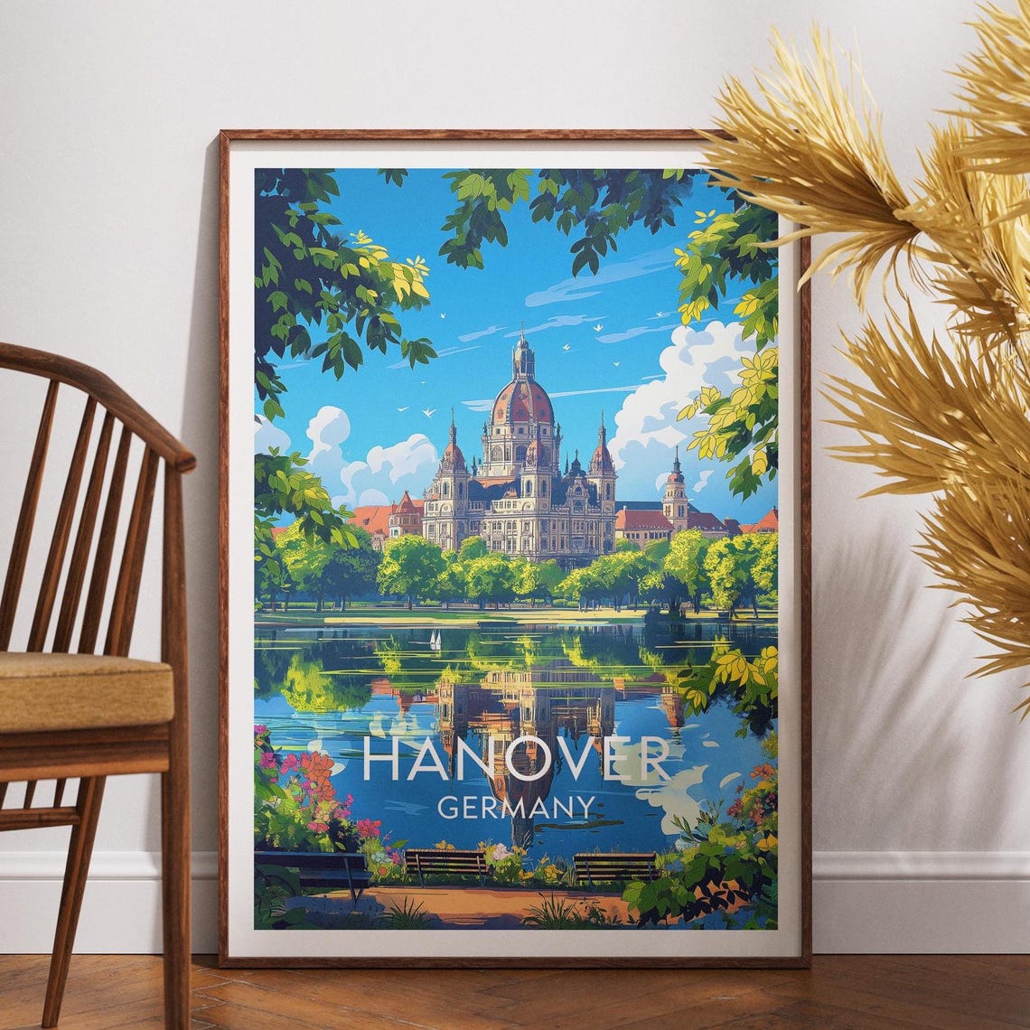 Hanover Germany City Hall Travel Poster Lakeside Reflection Wall Decor
