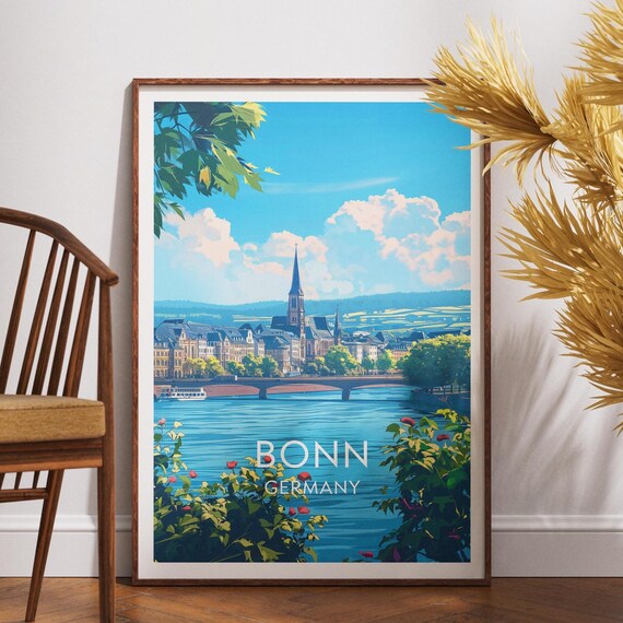 Bonn Germany Riverside Travel Poster Minster Church Summer Wall Decor