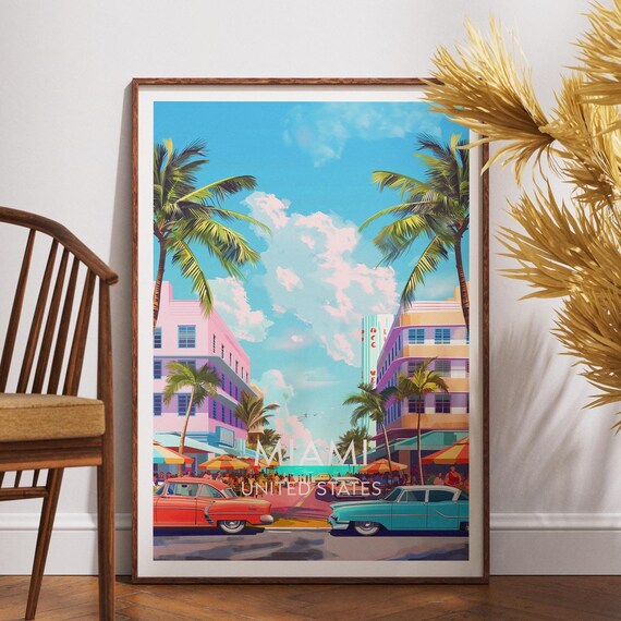 Miami Beach Art Deco Boulevard Palm Trees Retro Travel Print
