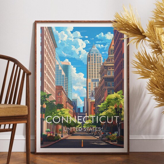 Connecticut United States City Street Scene Urban Travel Poster