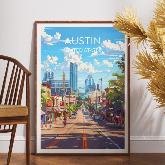 Austin Texas City Skyline Sunny Street Scene Vintage Travel Poster