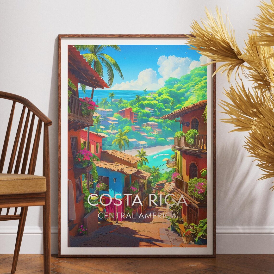 Colorful Costa Rica Coastal Town Street Beach View Travel Poster