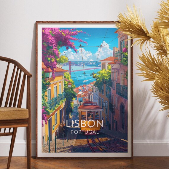 Lisbon Portugal Yellow Tram Retro Travel Poster Artwork Style