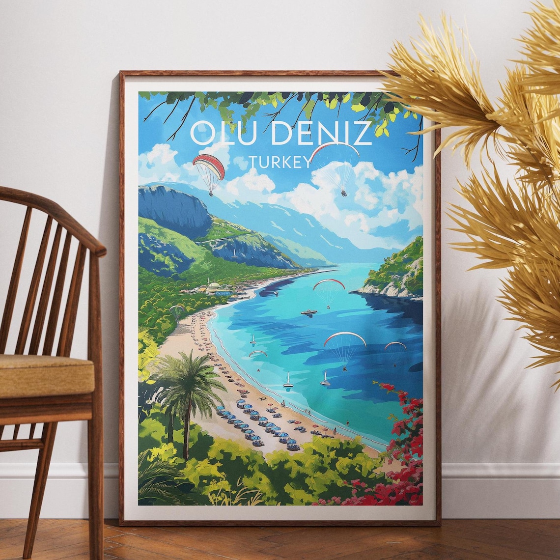 Olu Deniz Turkey Blue Lagoon Paragliders Beach Scene Travel Poster