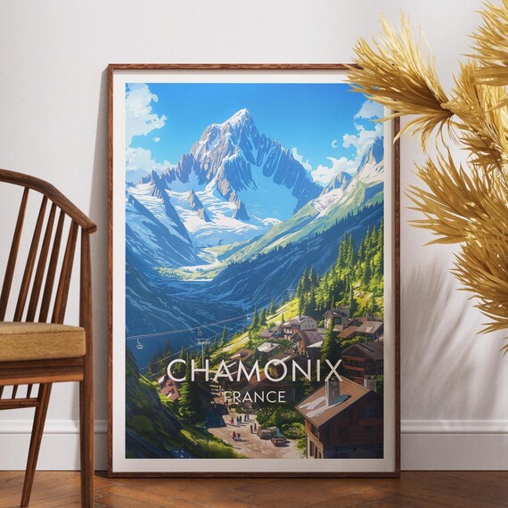 Chamonix France Snowy Peak Mountain Village Vintage Travel Poster