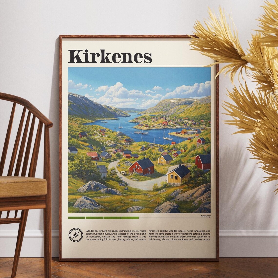 Kirkenes Norway Arctic Village Fjords Snow Peaks Vintage Travel Poster