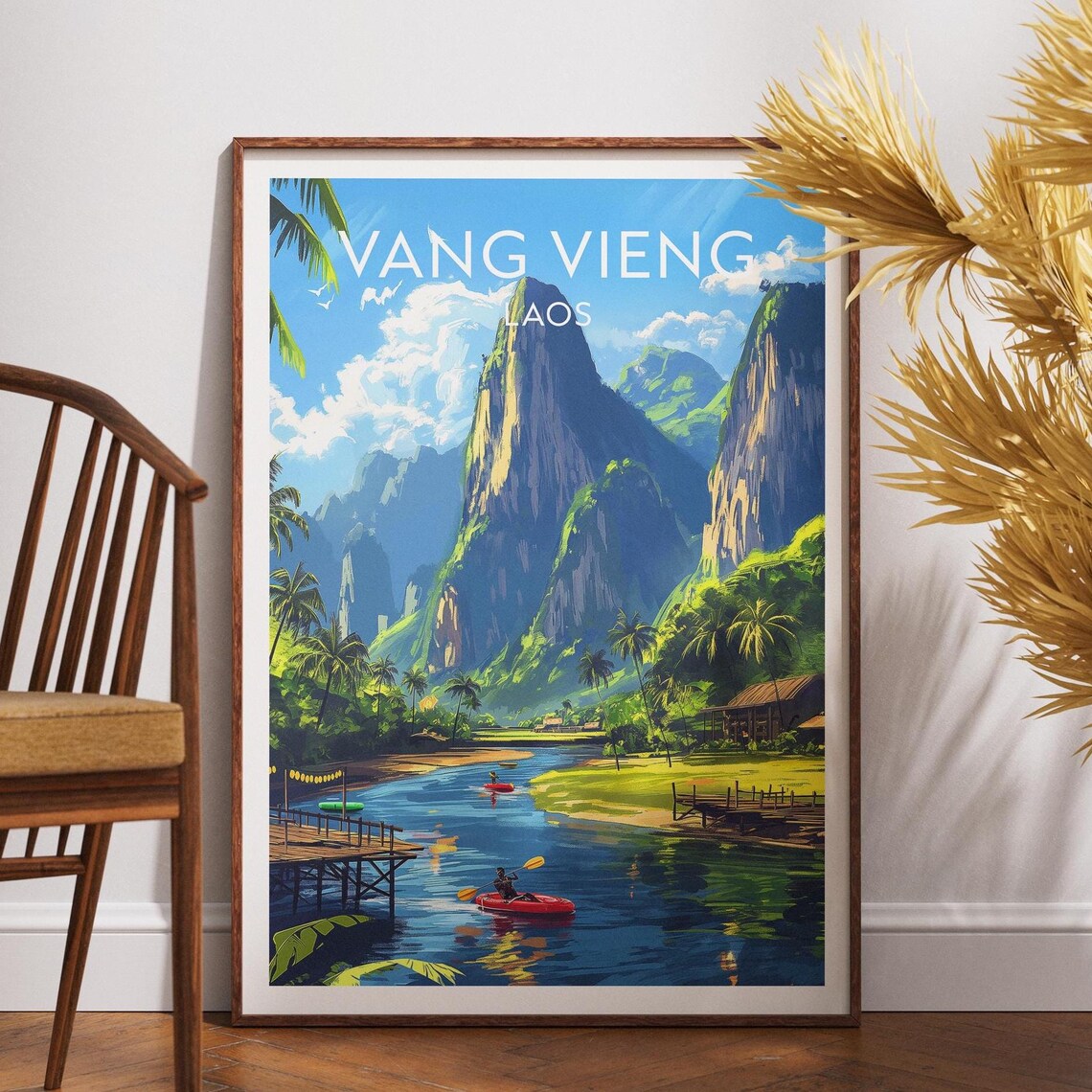 Vang Vieng Laos Limestone Cliffs River Kayak Scene Travel Poster