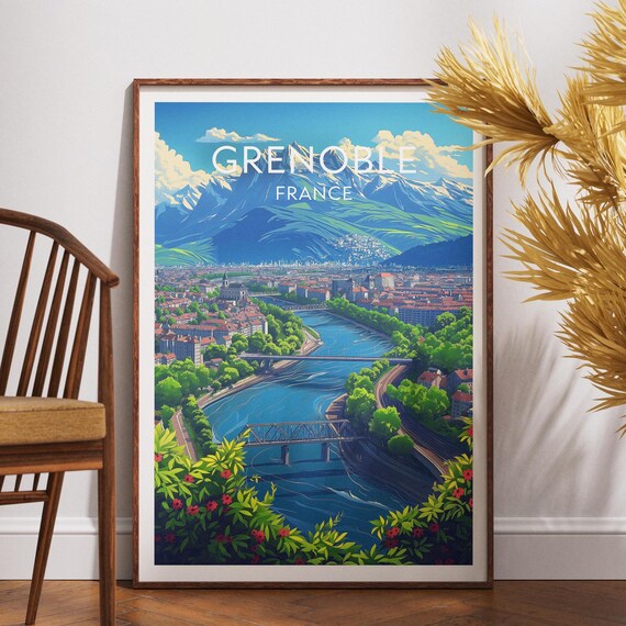Grenoble France Mountain City River Bridge Summer Travel Poster
