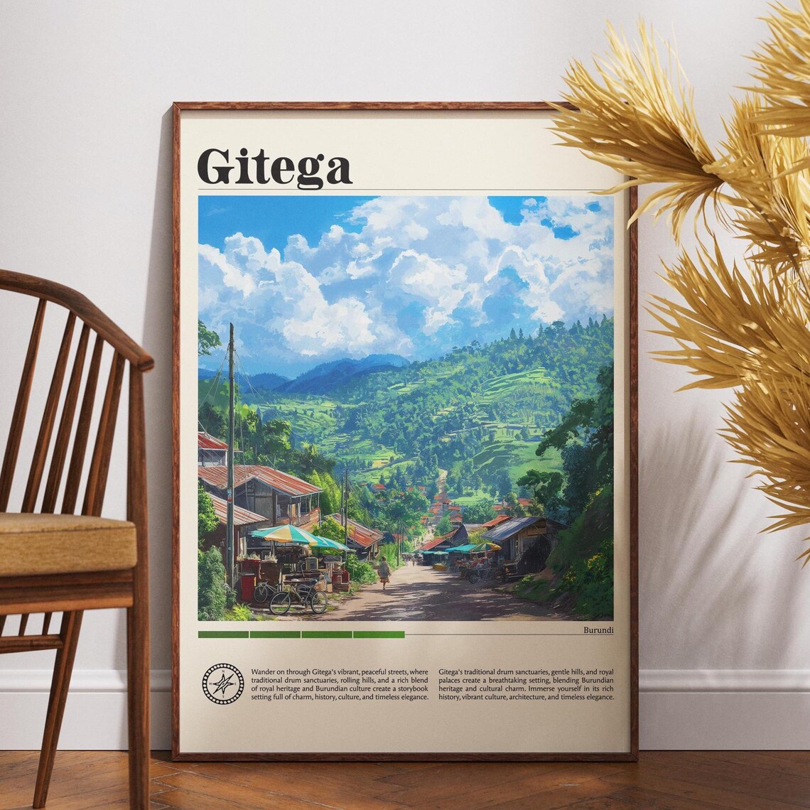 Gitega Burundi Travel Poster Lively Market Street Rolling Green Hills