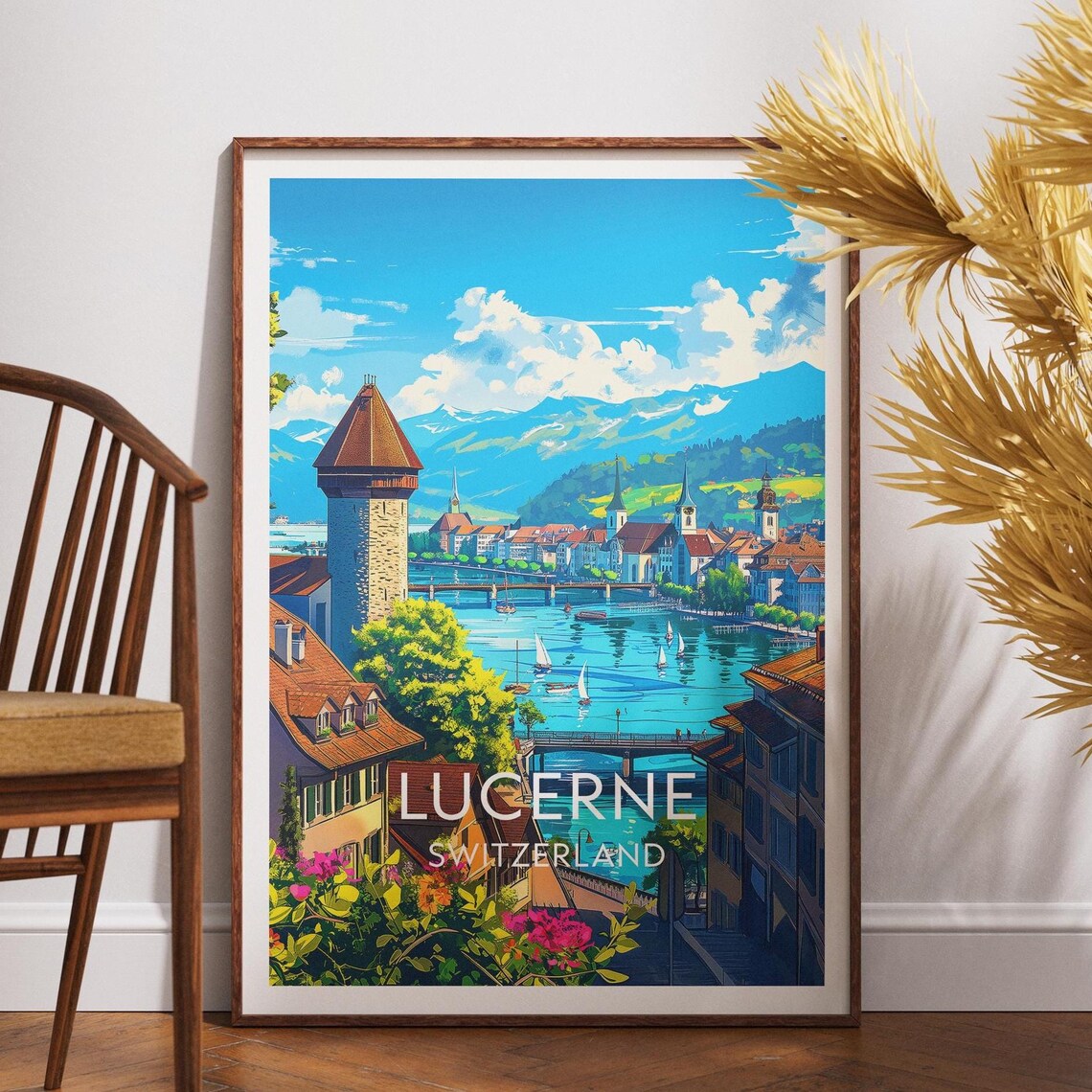 Lucerne Switzerland Lake Chapel Bridge Vintage Travel Poster
