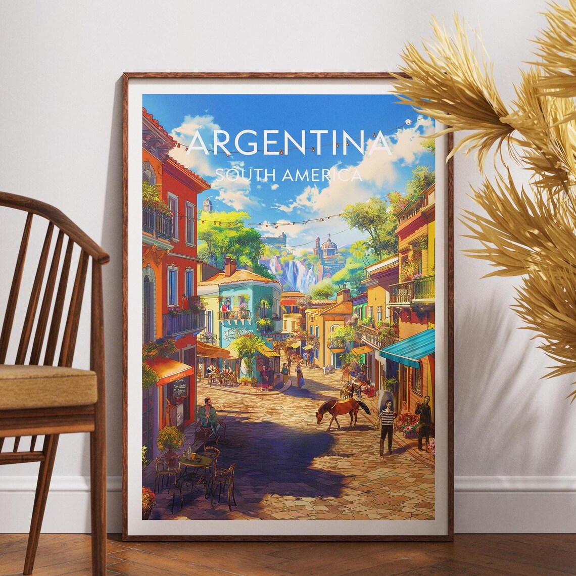 Argentina Colorful Cobblestone Street Scene With Horse Travel Poster