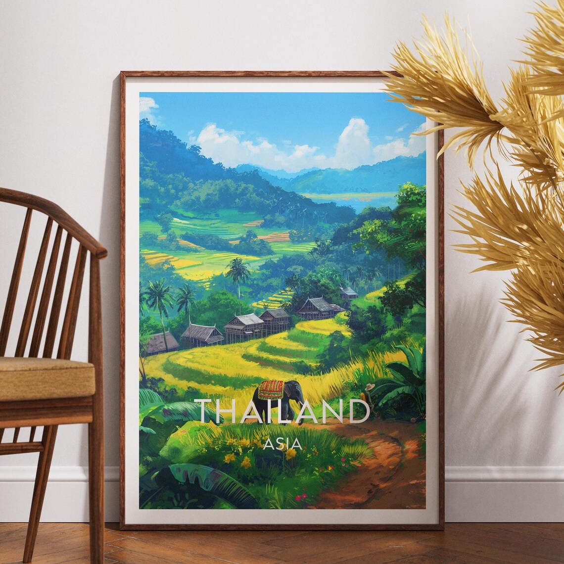 Thailand Asia Elephant Rice Paddy Green Valley Scenic Travel Poster