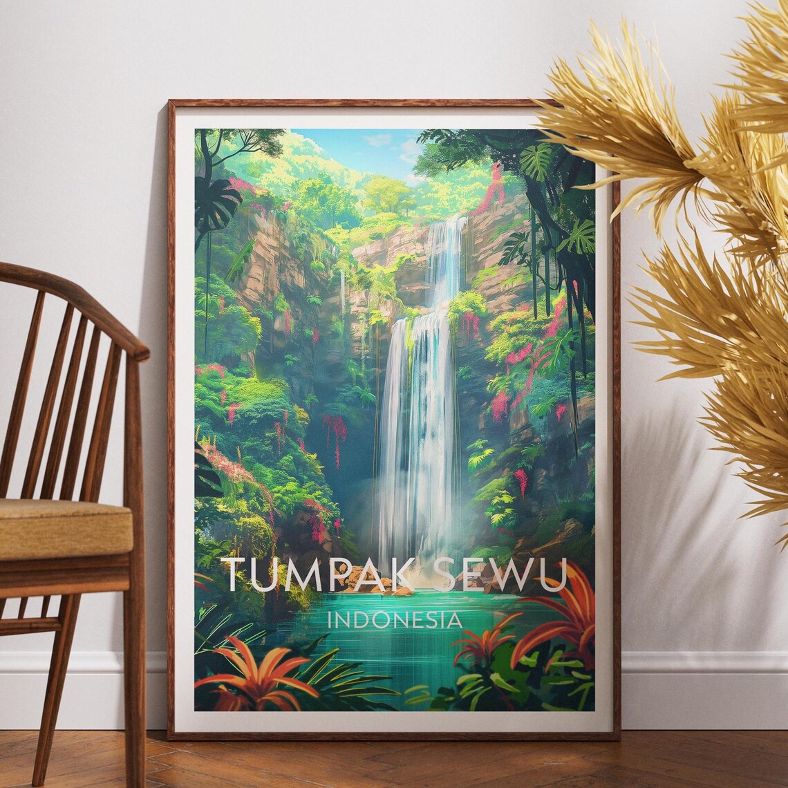 Tumpak Sewu Indonesia Jungle Waterfall Paradise Vintage Travel Poster