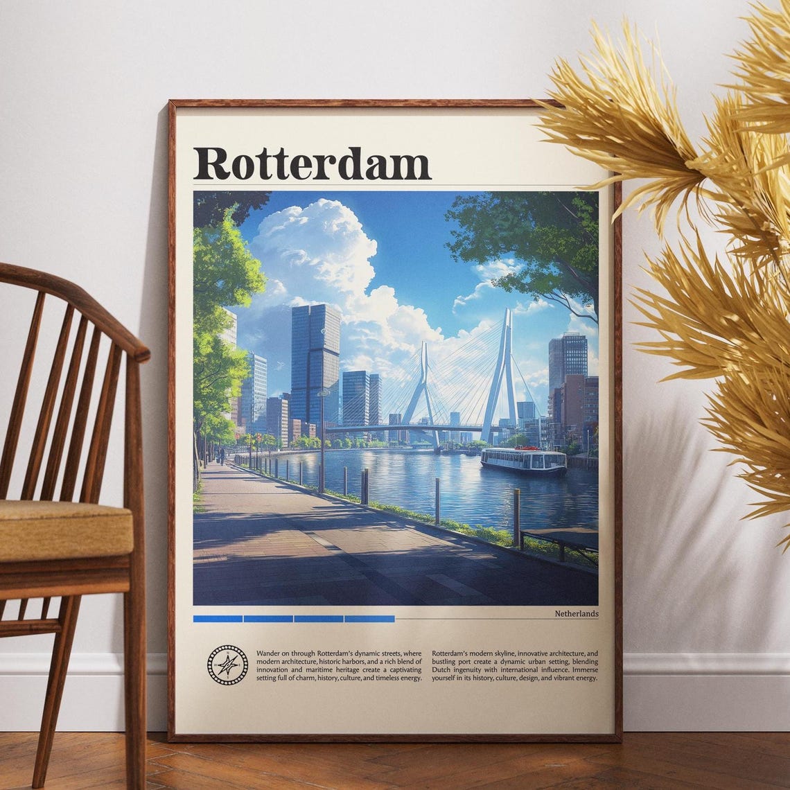Rotterdam Erasmus Bridge Harbor Skyline Travel Poster Netherlands Art