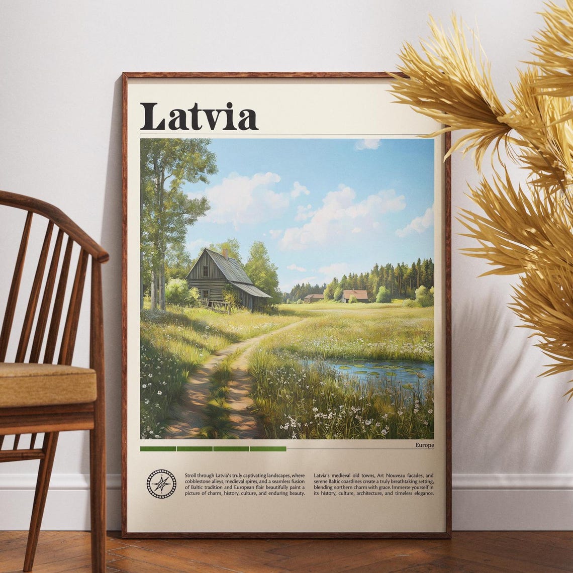 Latvia Countryside Farmhouse Meadow Pond Rustic Travel Poster