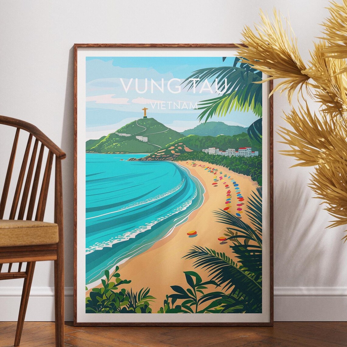 Vung Tau Vietnam Beach Umbrellas Christ Statue Travel Poster