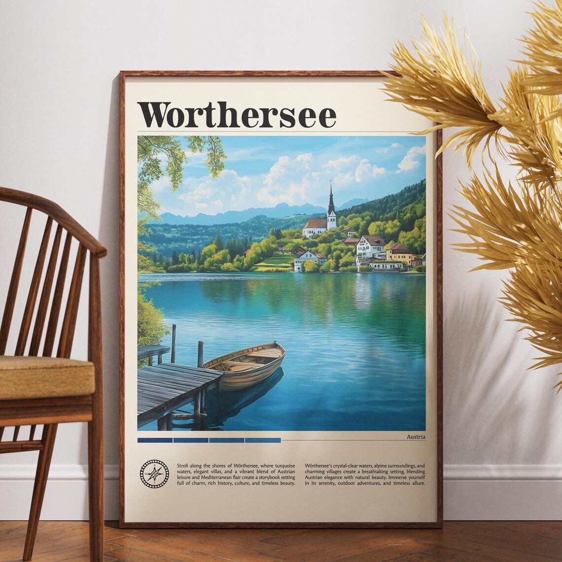 Worthersee Austria Turquoise Lake Rowboat Dock Scenic Travel Poster