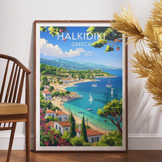Halkidiki Greece Turquoise Bay White Houses Scenic Travel Poster