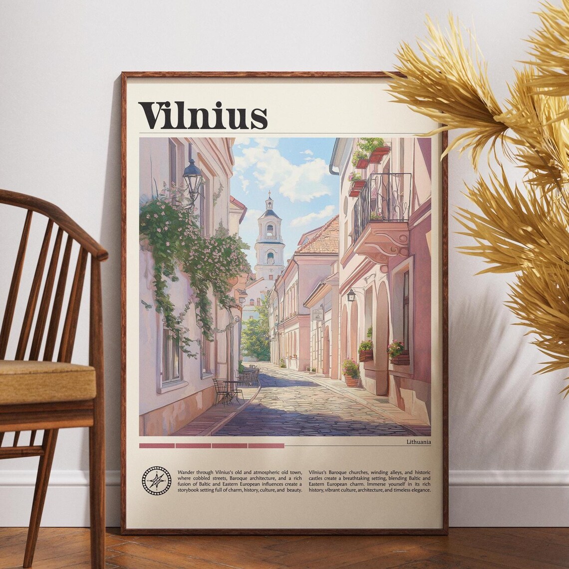 Vilnius Lithuania Cobblestone Street Bell Tower Travel Poster