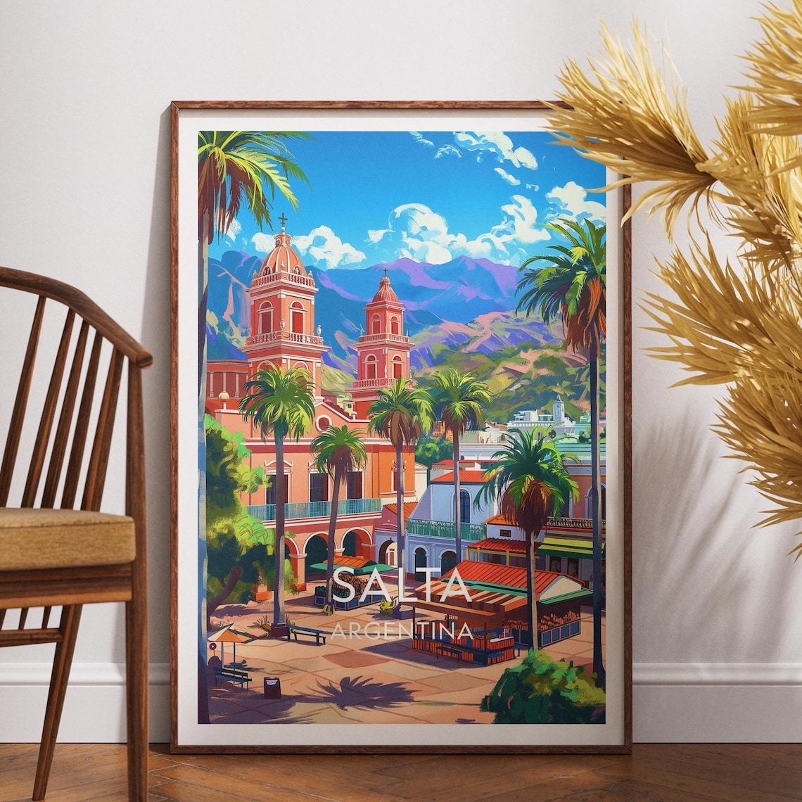Salta Argentina Colonial Church Plaza With Palms Vintage Travel Poster