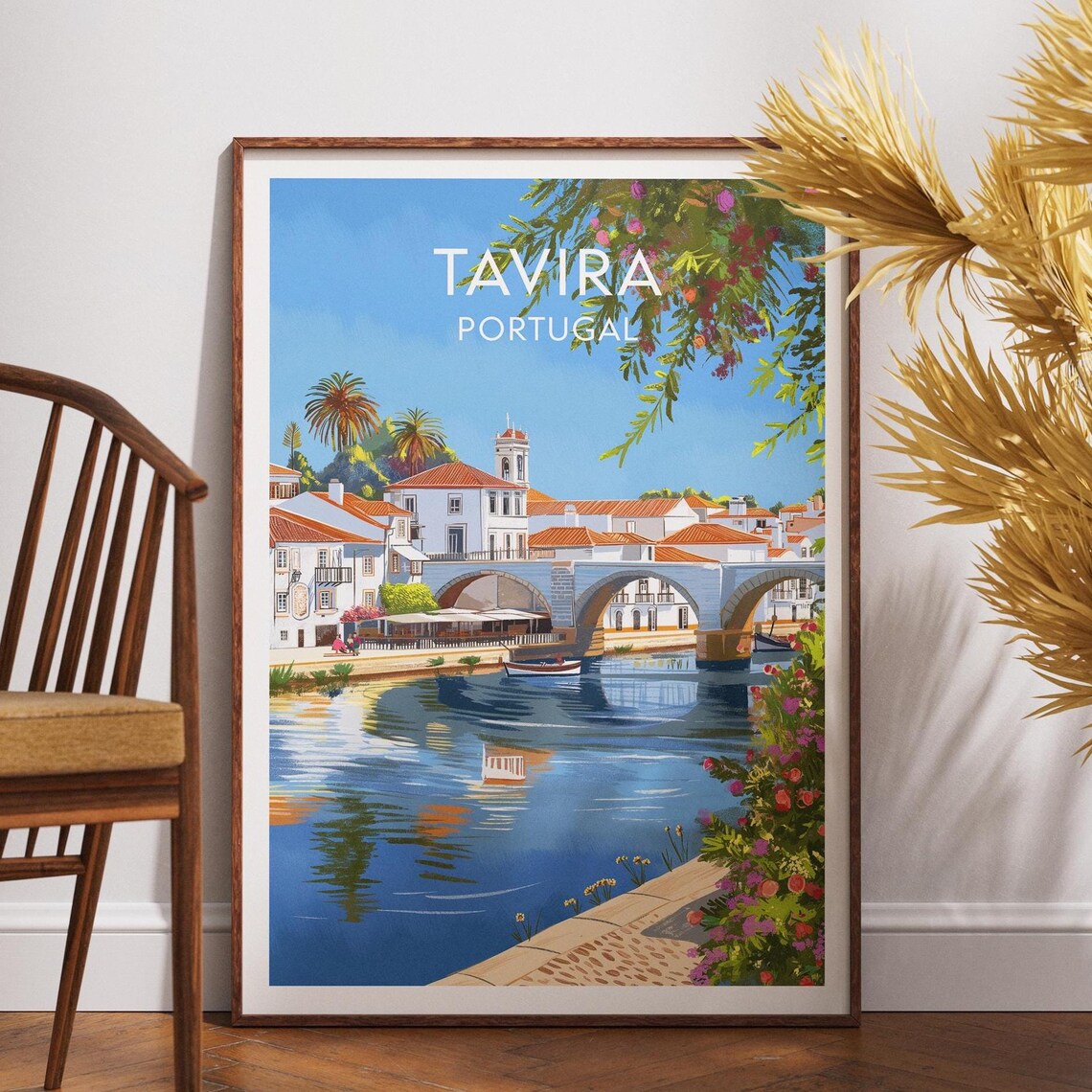 Tavira Portugal Roman Bridge River Coastal Travel Poster Art Style