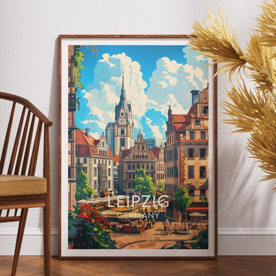 Sunny Leipzig Germany Historic Market Square Summer Travel Poster