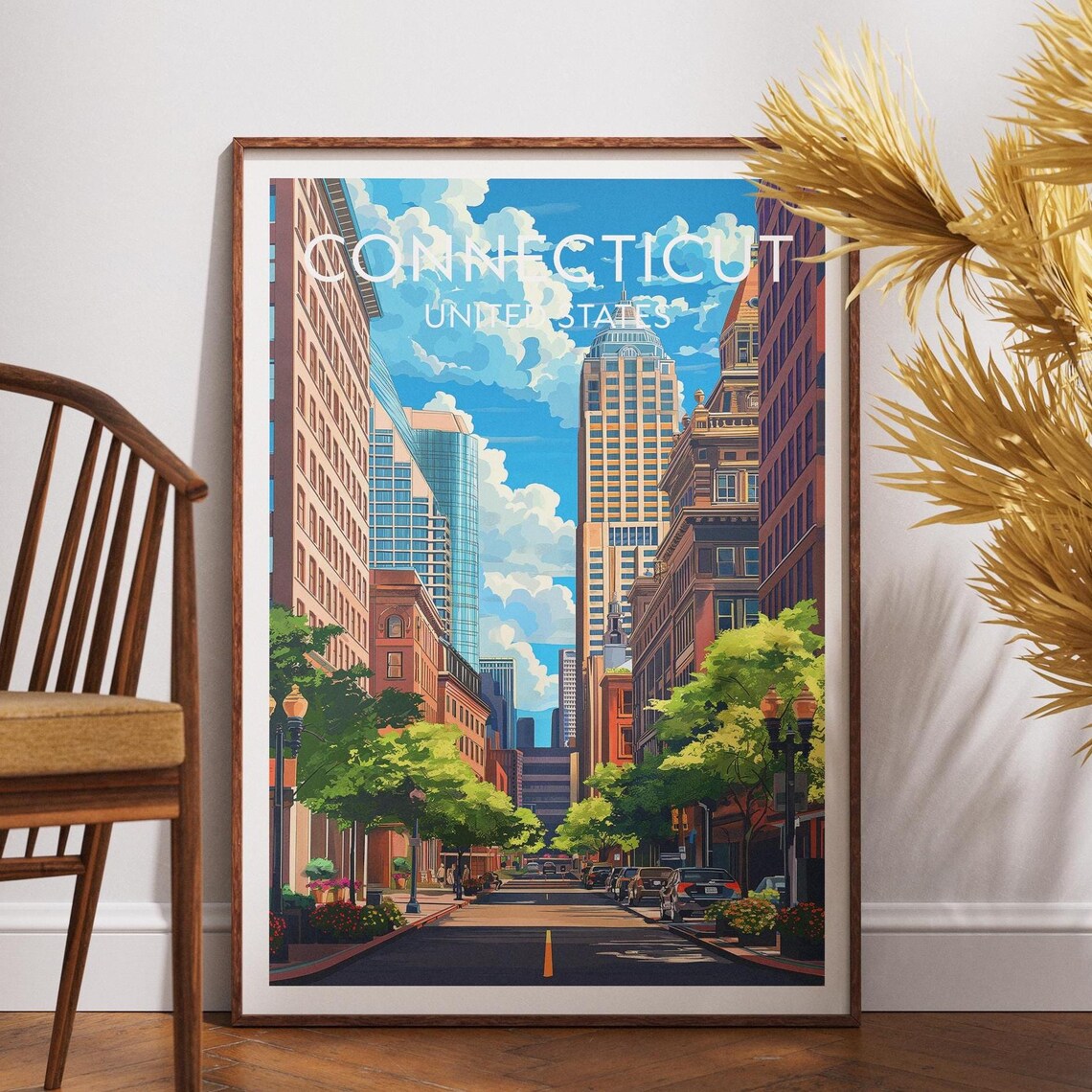 Connecticut Downtown City Street Historic Skyline Travel Poster