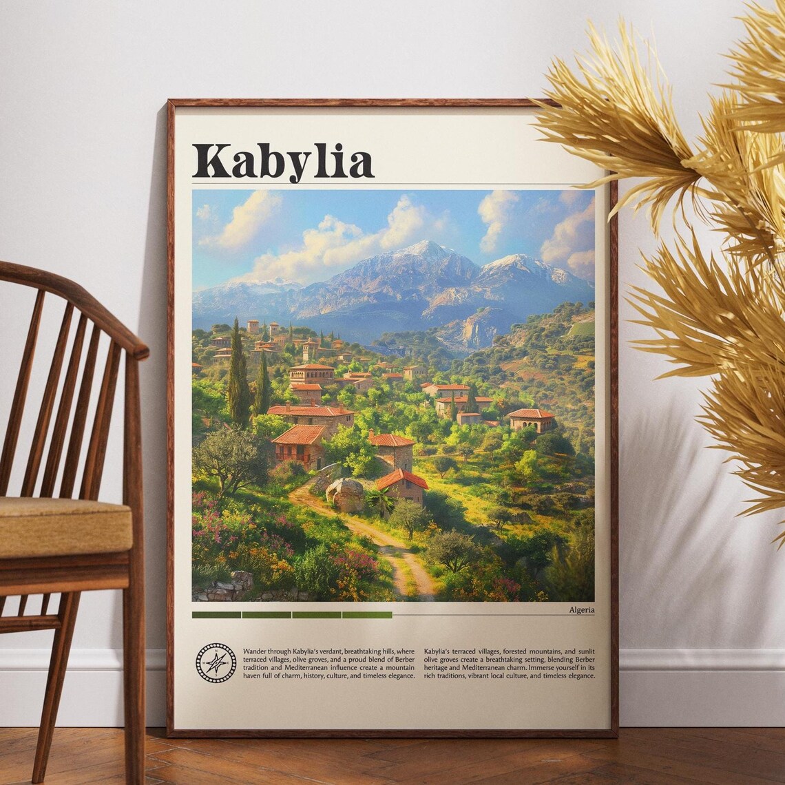 Kabylia Algeria Red Roof Mountain Village Travel Poster Vintage Art