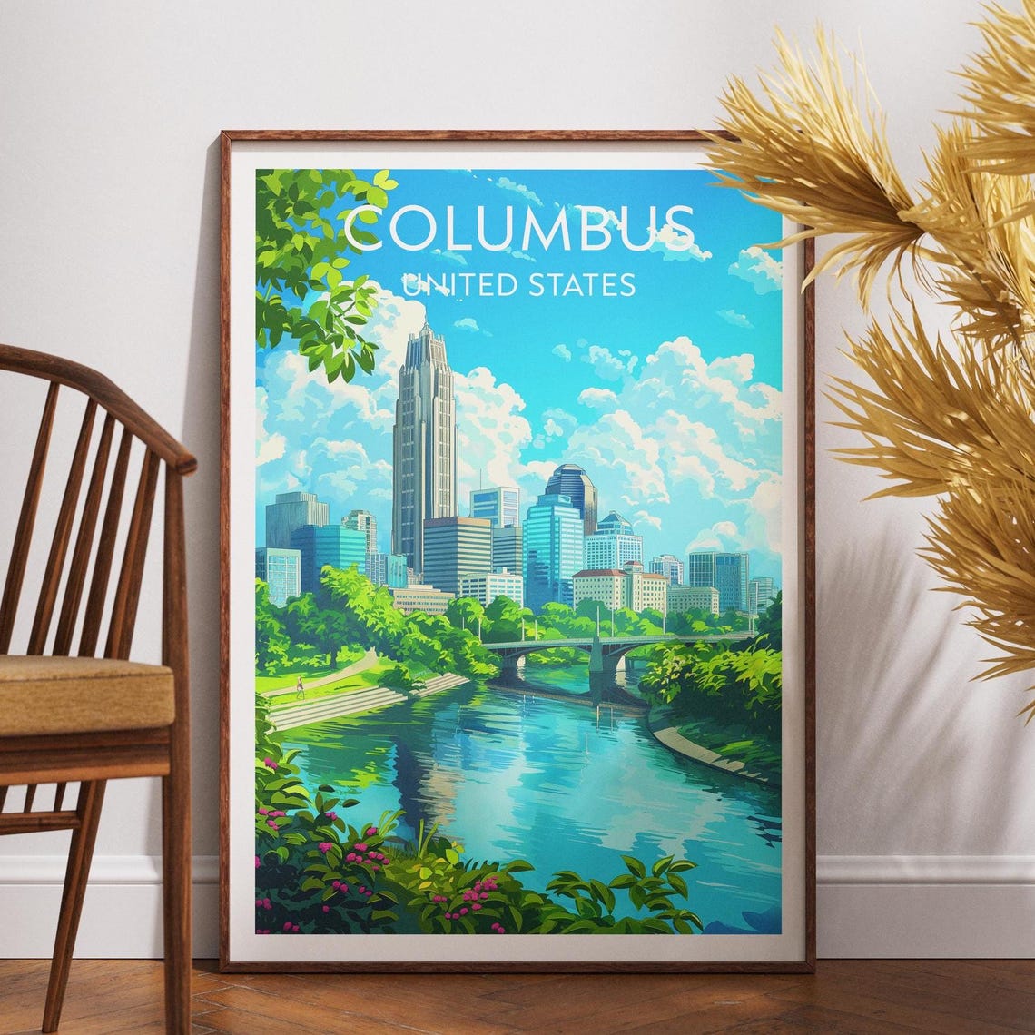 Columbus Ohio Skyline River Bridge Retro Cityscape Travel Poster