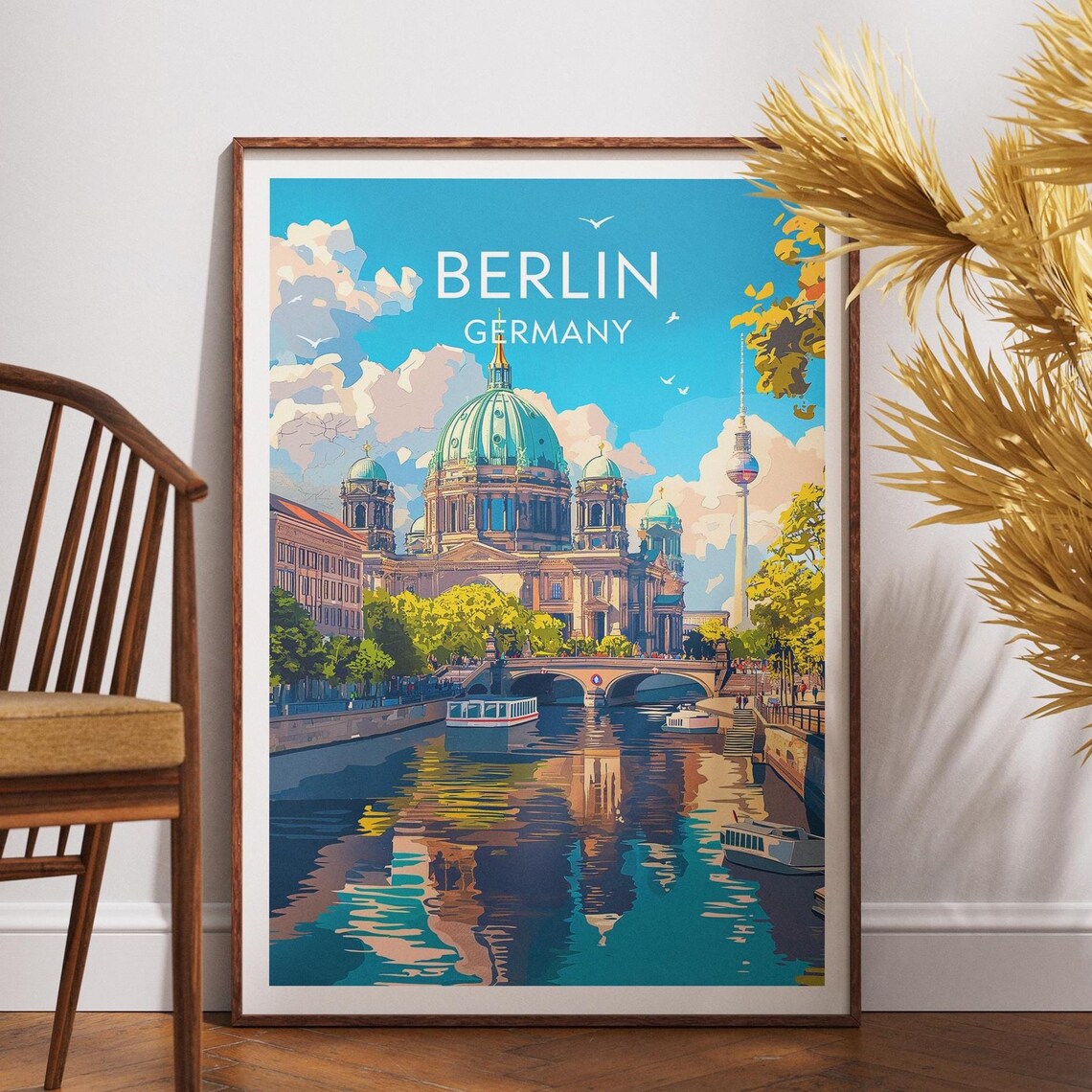 Sunny Berlin Germany Cathedral and TV Tower River Scene Poster