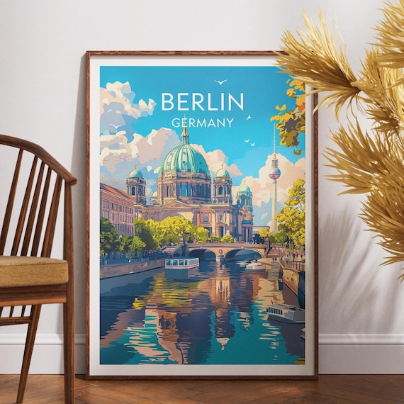 Sunny Berlin Germany Cathedral and TV Tower River Scene Poster